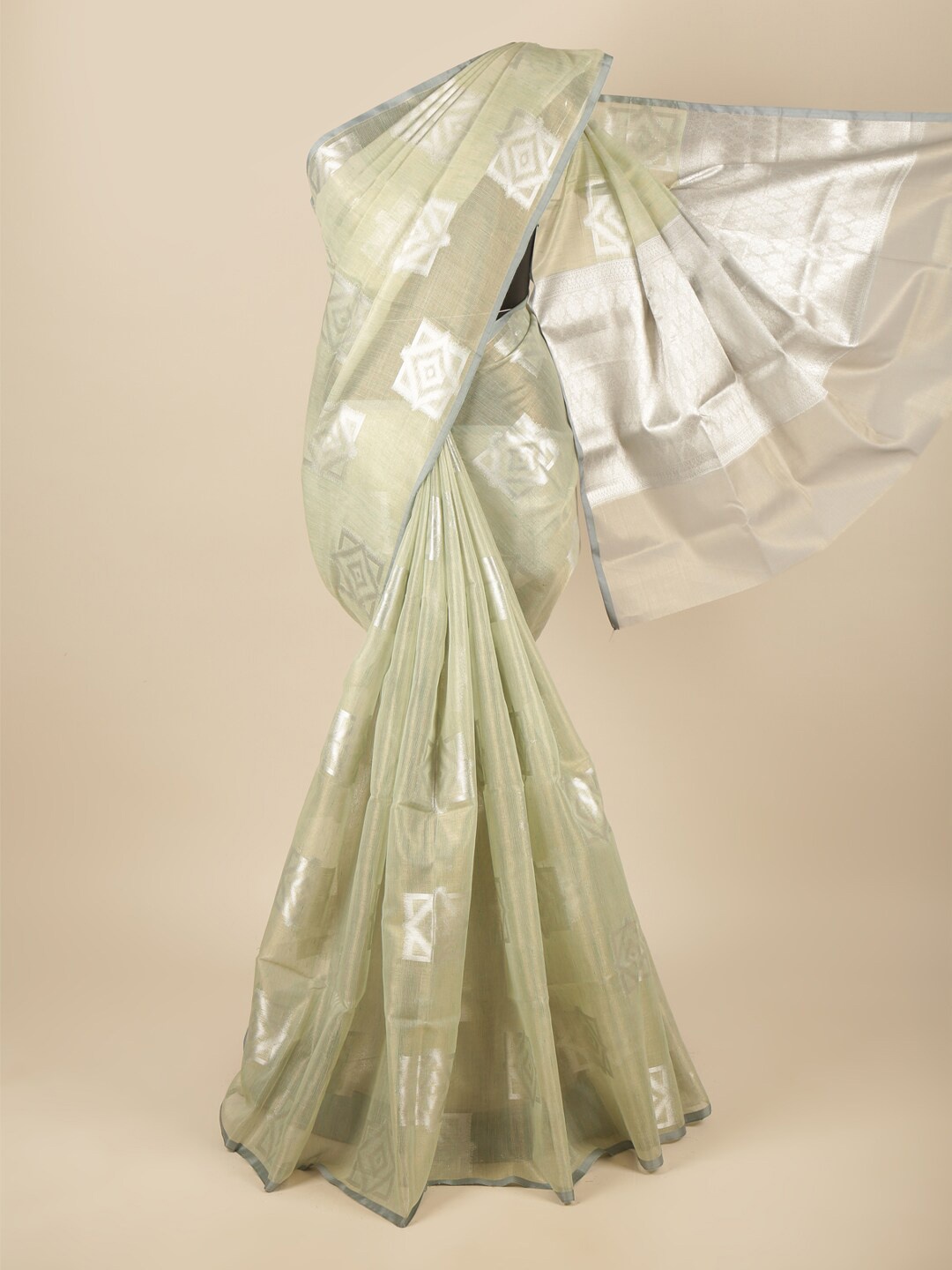 

Pothys Green & Silver-Toned Ethnic Motifs Zari Tissue Saree