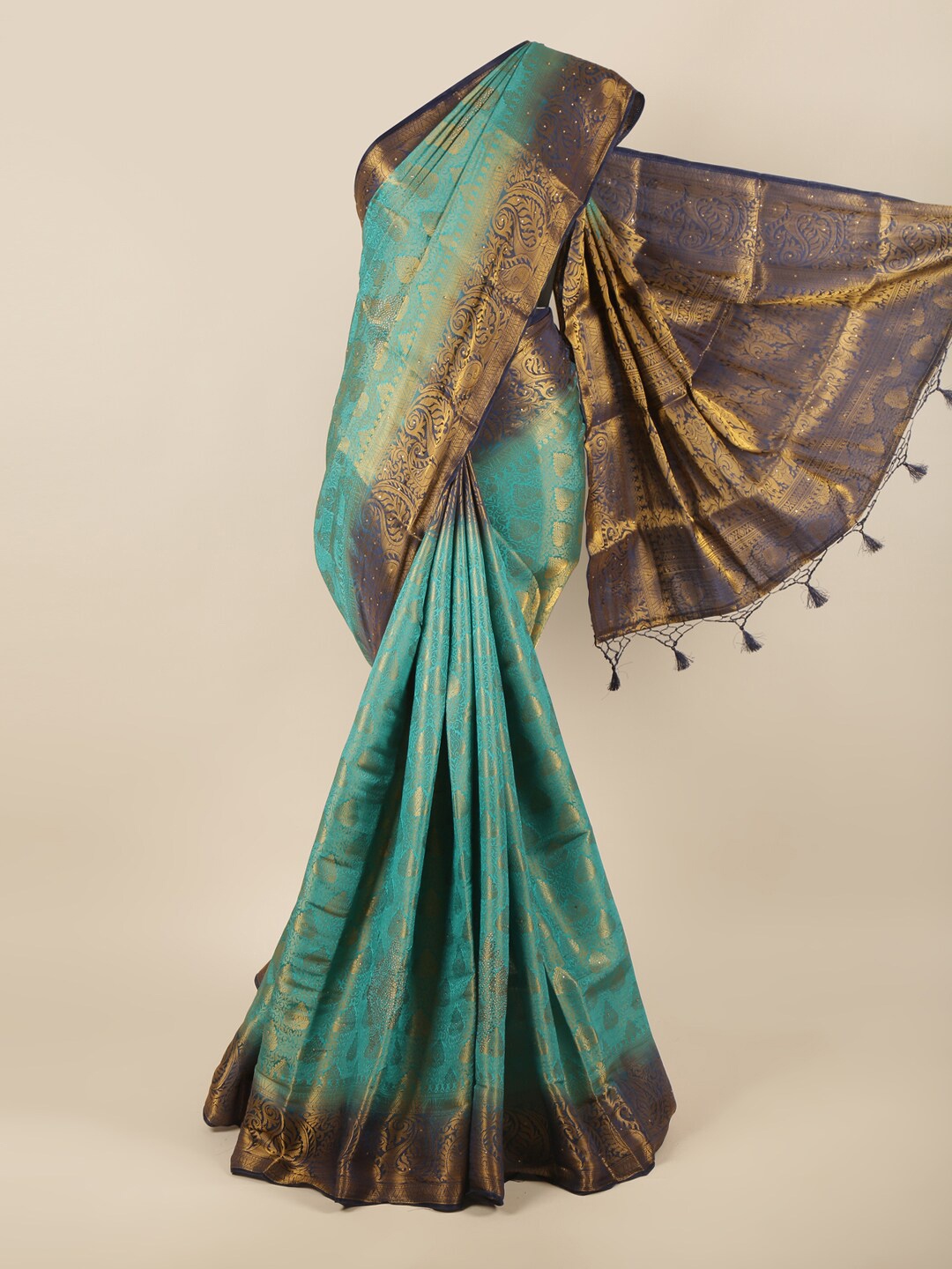 

Pothys Blue & Gold-Toned Paisley Zari Pure Silk Saree