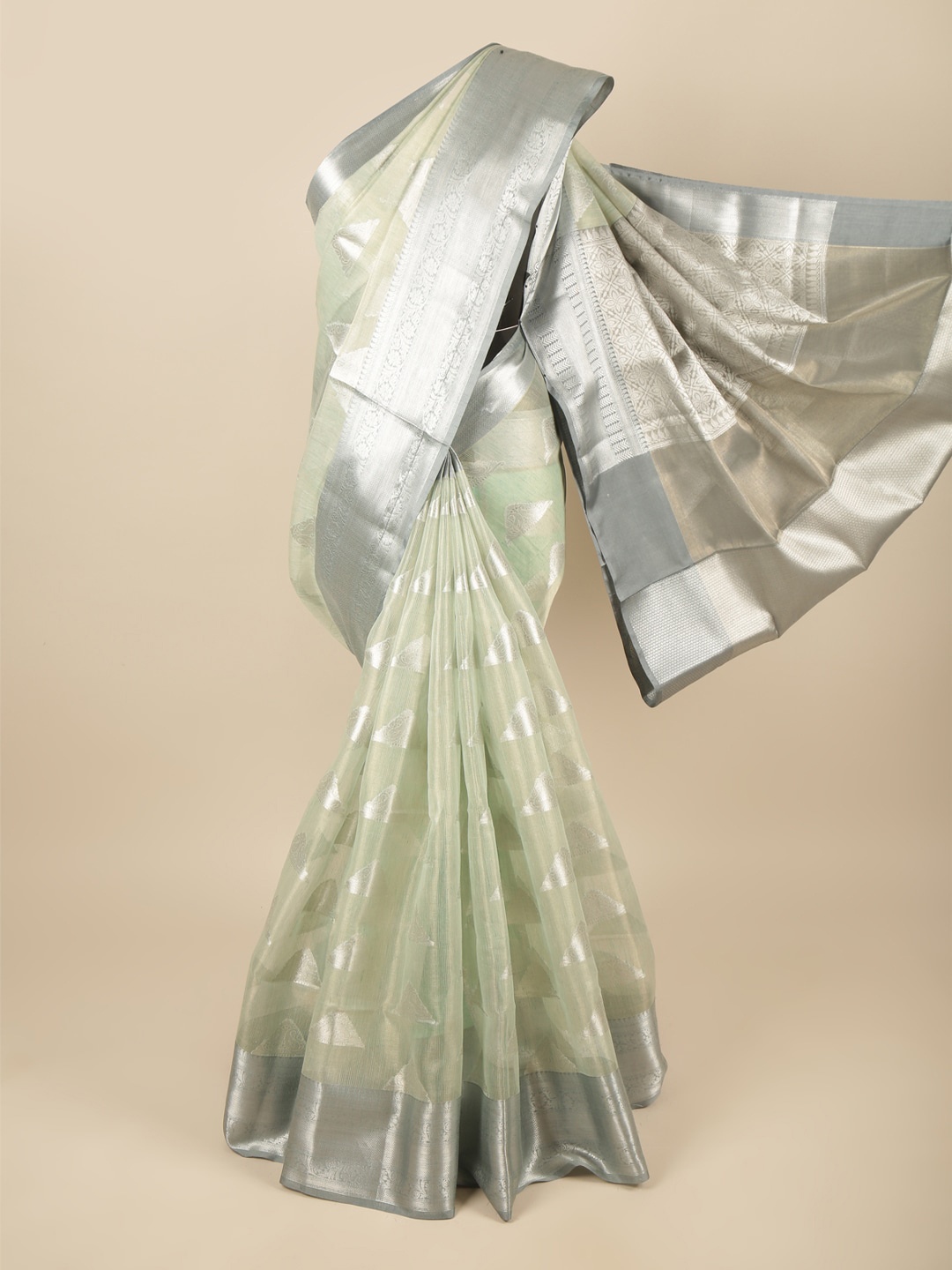 

Pothys Green & Grey Ethnic Motifs Tissue Saree