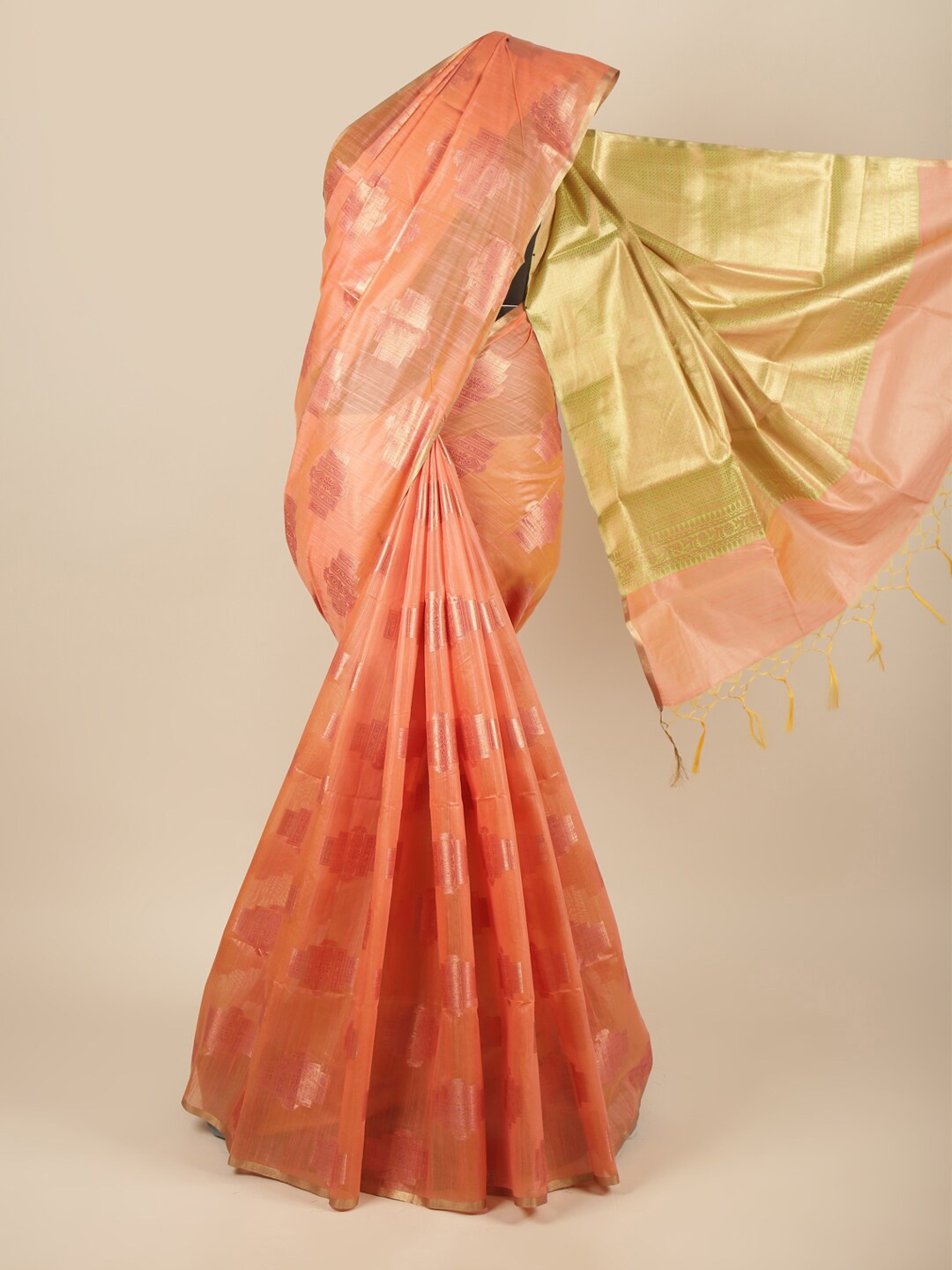 

Pothys Peach-Coloured & Green Ethnic Motifs Zari Pure Cotton Saree