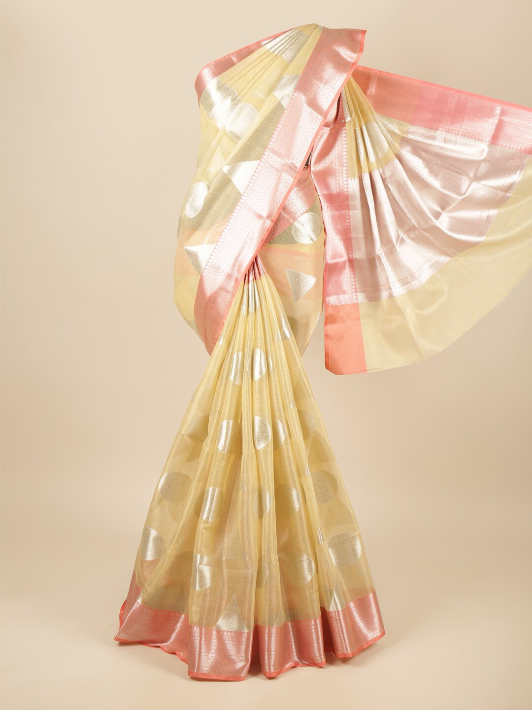 

Pothys Yellow & Peach-Coloured Ethnic Motifs Zari Tissue Saree