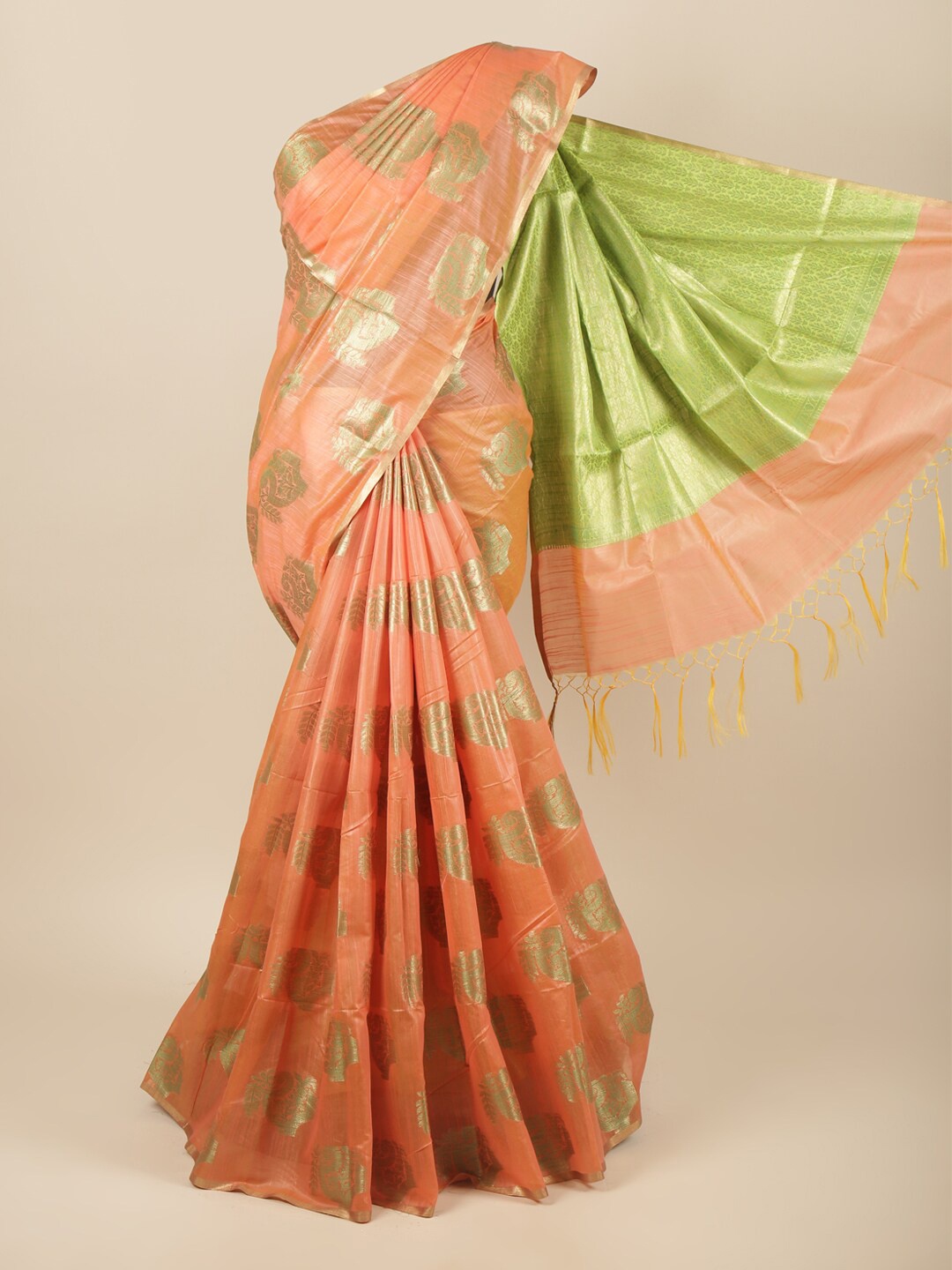 

Pothys Peach-Coloured & Green Ethnic Motifs Zari Pure Cotton Saree