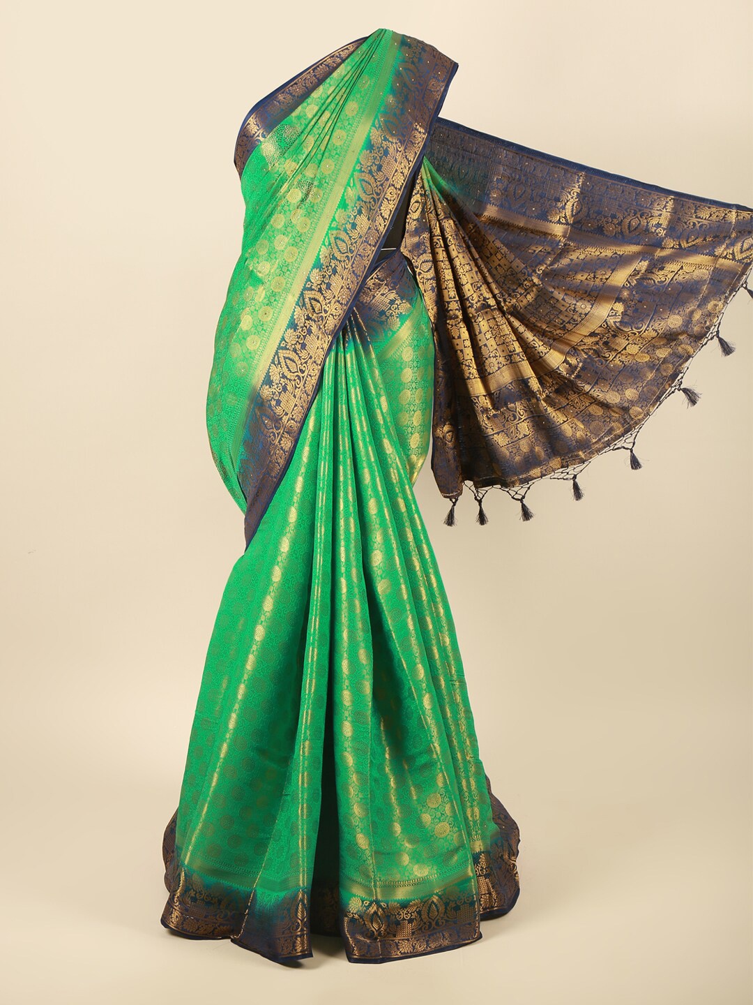

Pothys Green & Navy Blue Ethnic Motifs Zari Pure Silk Saree