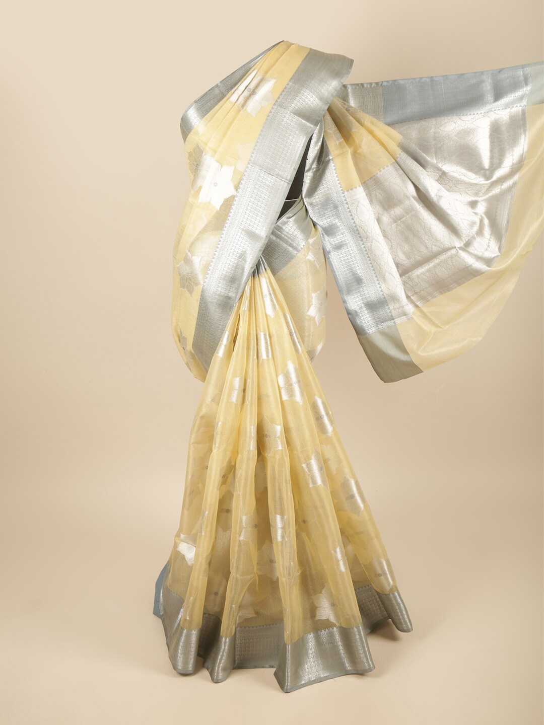 

Pothys Yellow & Grey Ethnic Motifs Zari Tissue Saree