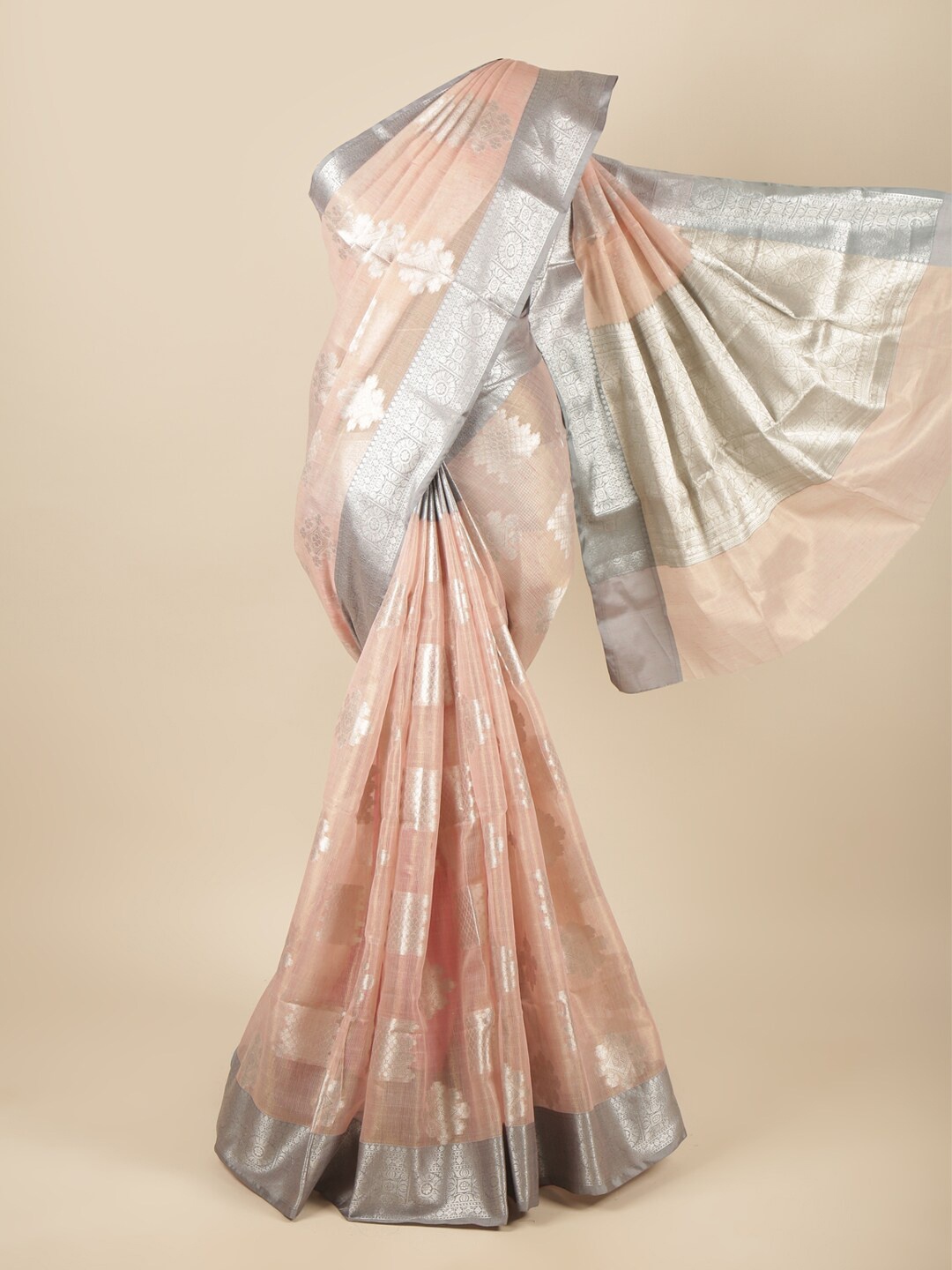 

Pothys Pink & Grey Ethnic Motifs Tissue Saree