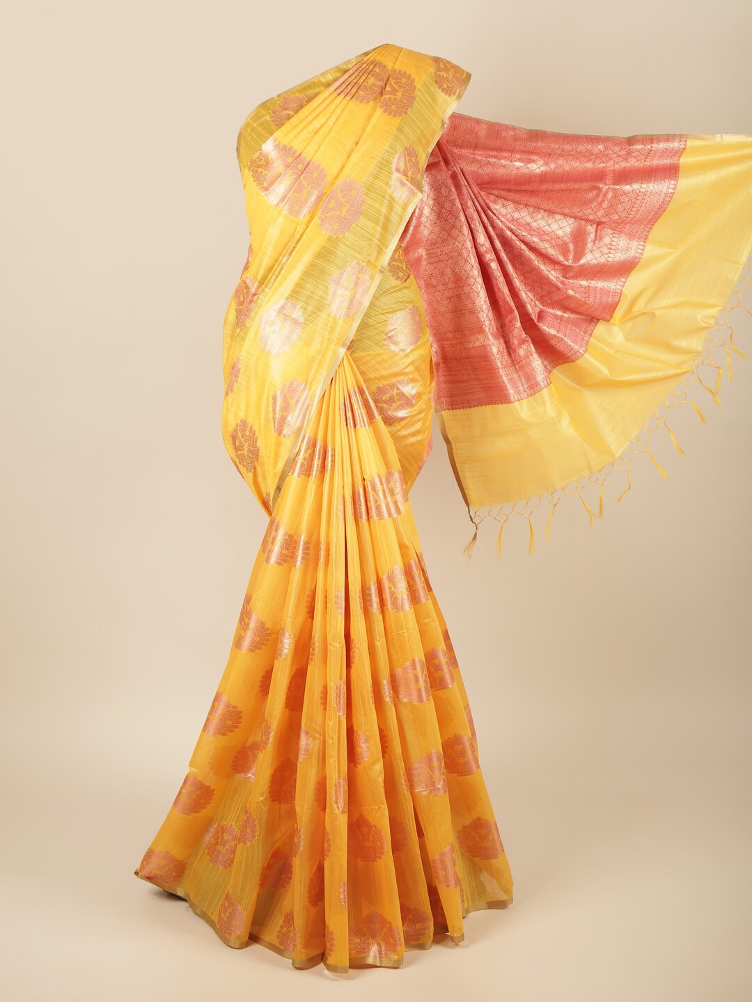 

Pothys Yellow & Red Ethnic Motifs Zari Pure Cotton Saree