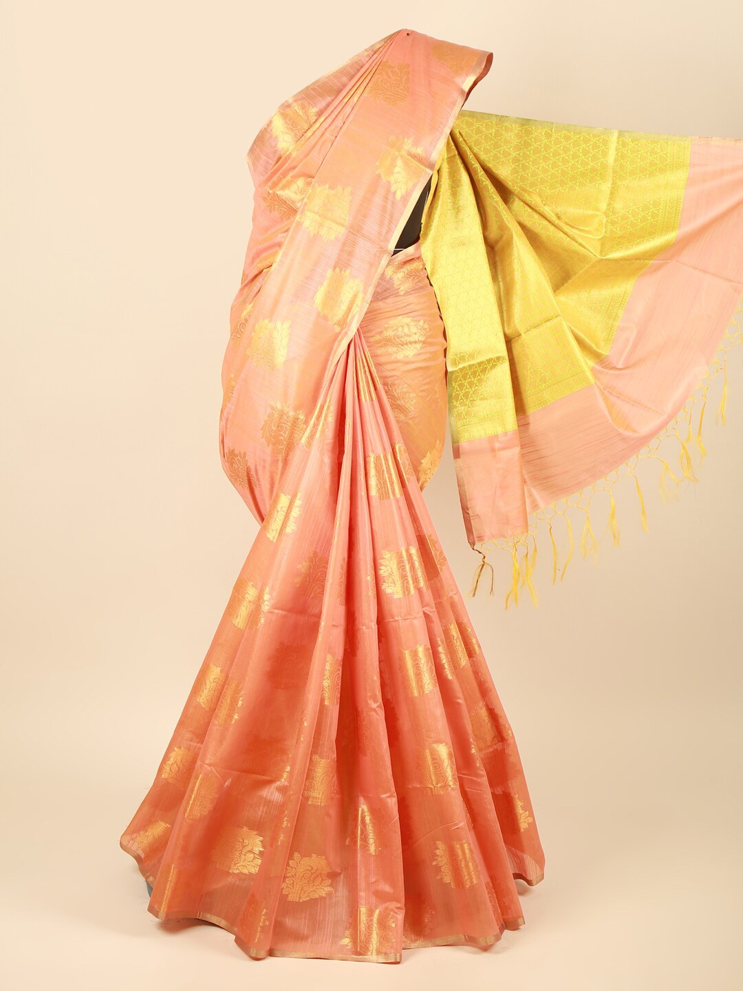 

Pothys Orange & Yellow Woven Design Zari Pure Cotton Saree