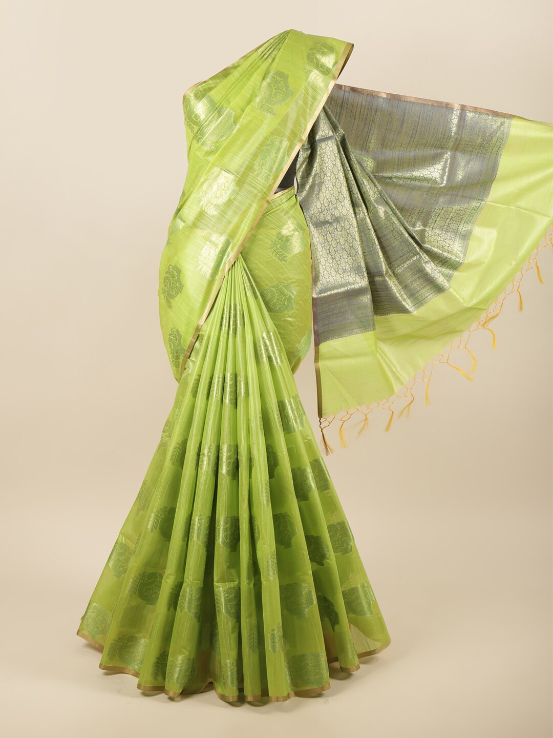

Pothys Green & Silver-Toned Ethnic Motifs Zari Pure Cotton Saree