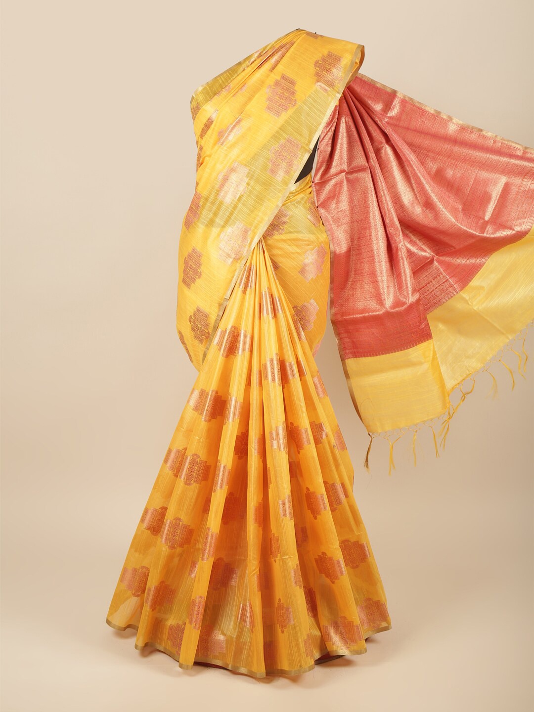 

Pothys Yellow & Red Woven Design Zari Pure Cotton Saree