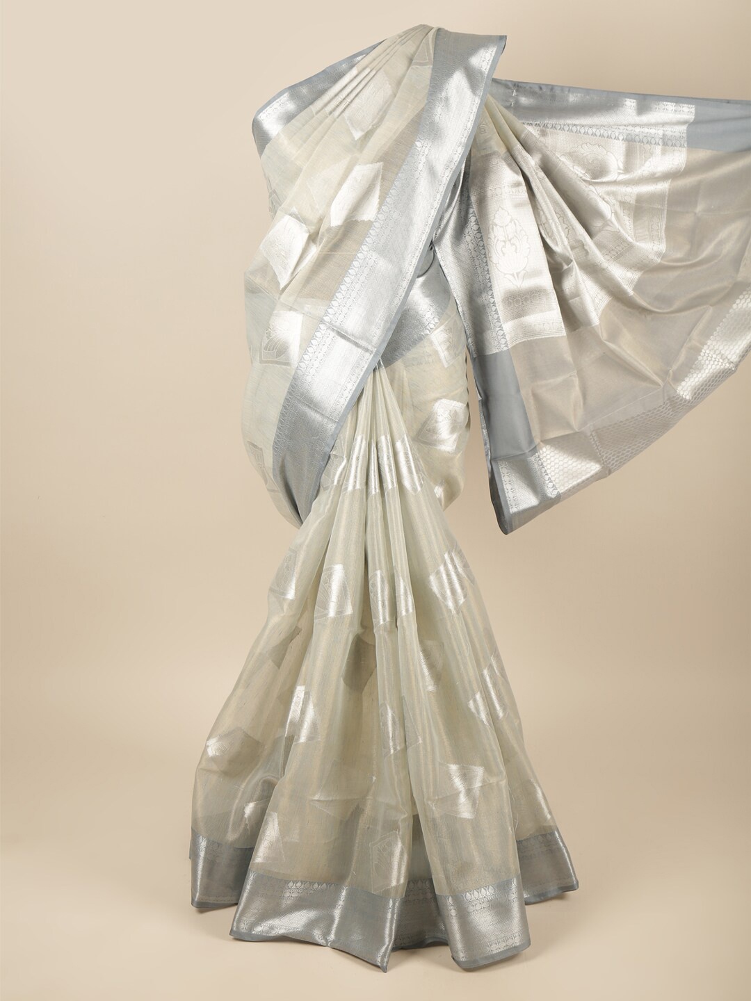 

Pothys Grey & Silver-Toned Woven Design Zari Tissue Saree