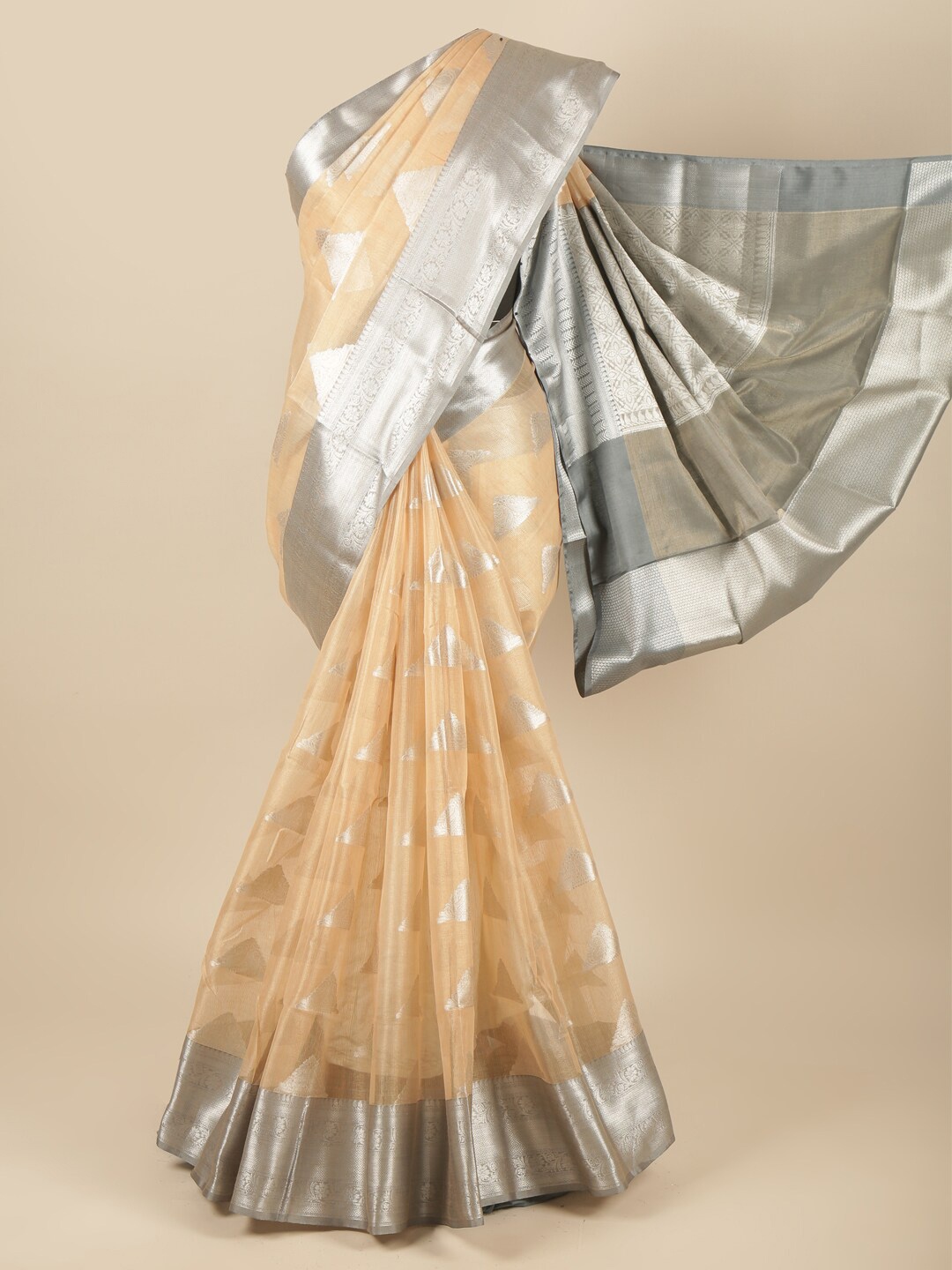 

Pothys Peach-Coloured & Grey Ethnic Motifs Zari Tissue Saree