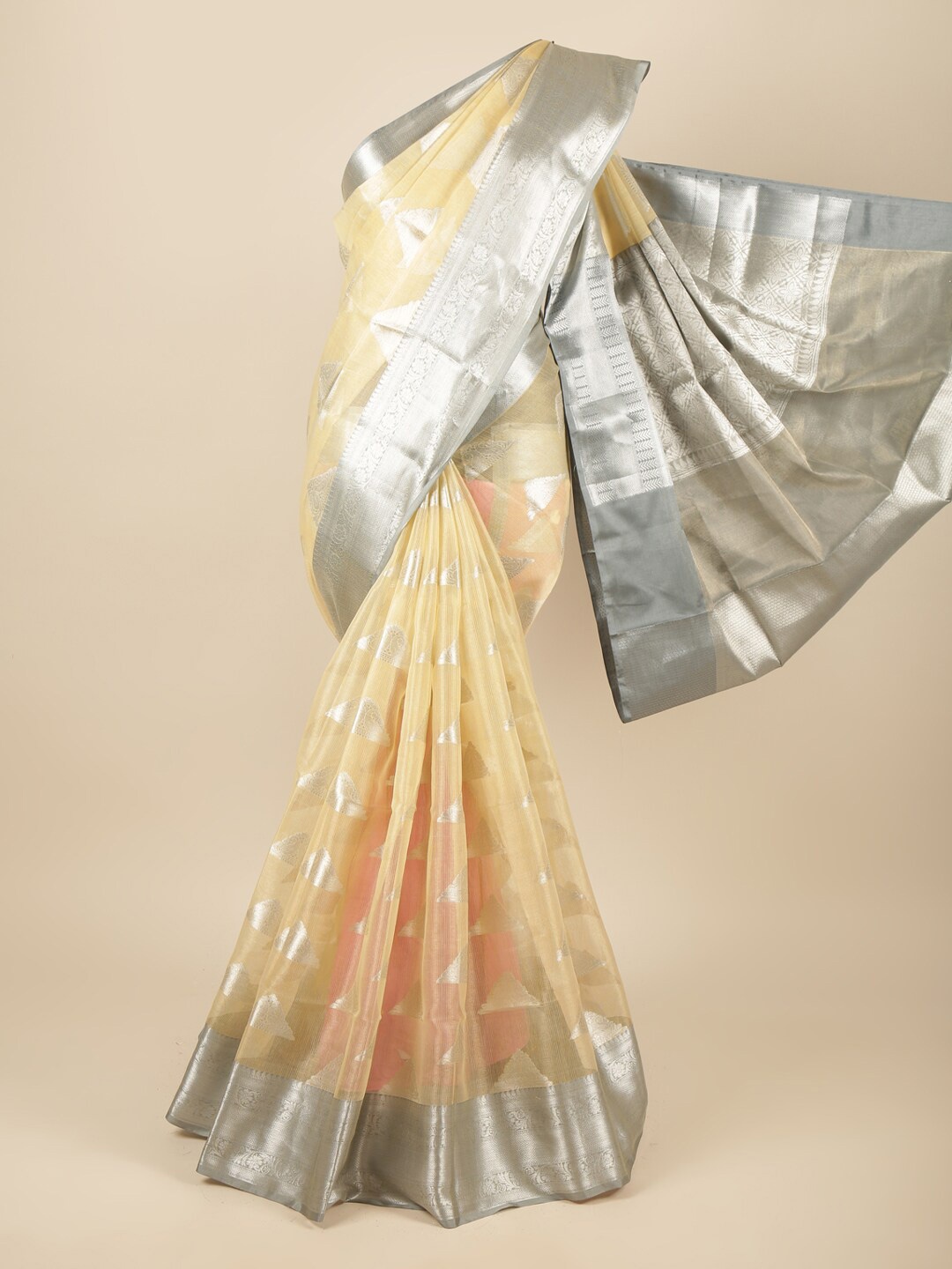 

Pothys Cream-Coloured & Silver-Toned Ethnic Motifs Zari Tissue Saree