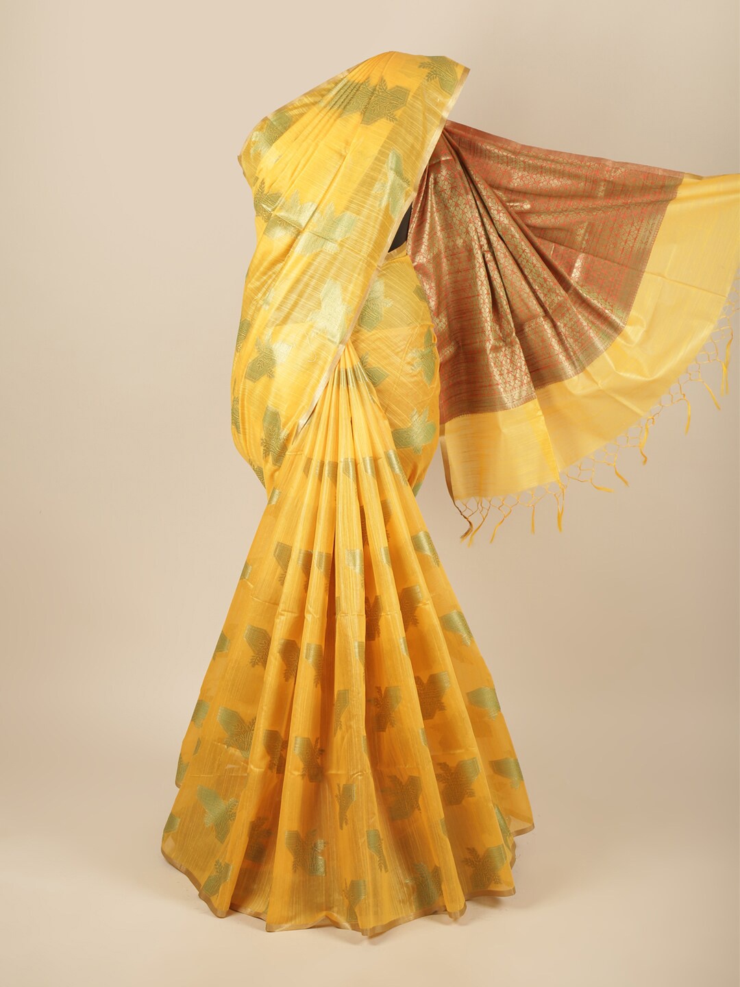 

Pothys Yellow & Brown Woven Design Zari Pure Cotton Saree