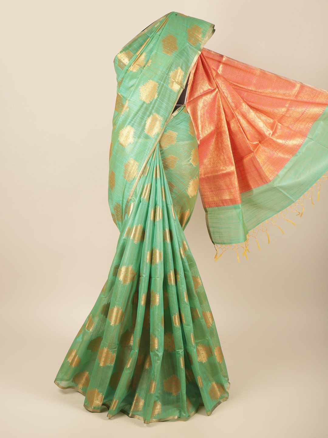 

Pothys Green & Pink Ethnic Motifs Zari Pure Cotton Saree