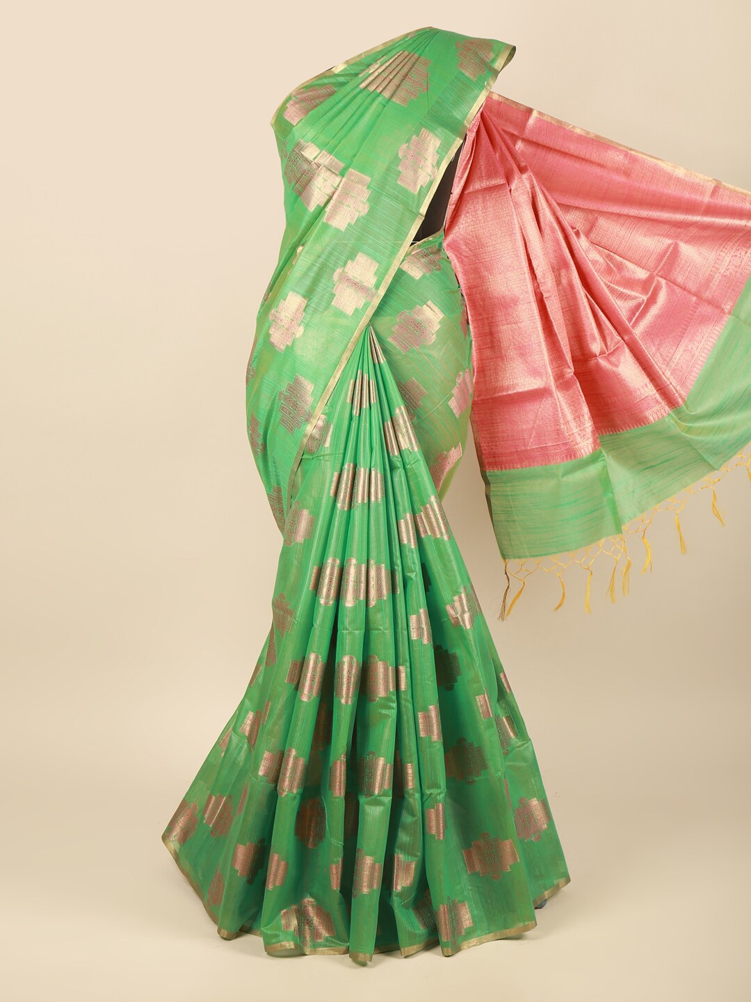 

Pothys Green & Pink Ethnic Motifs Zari Pure Cotton Saree