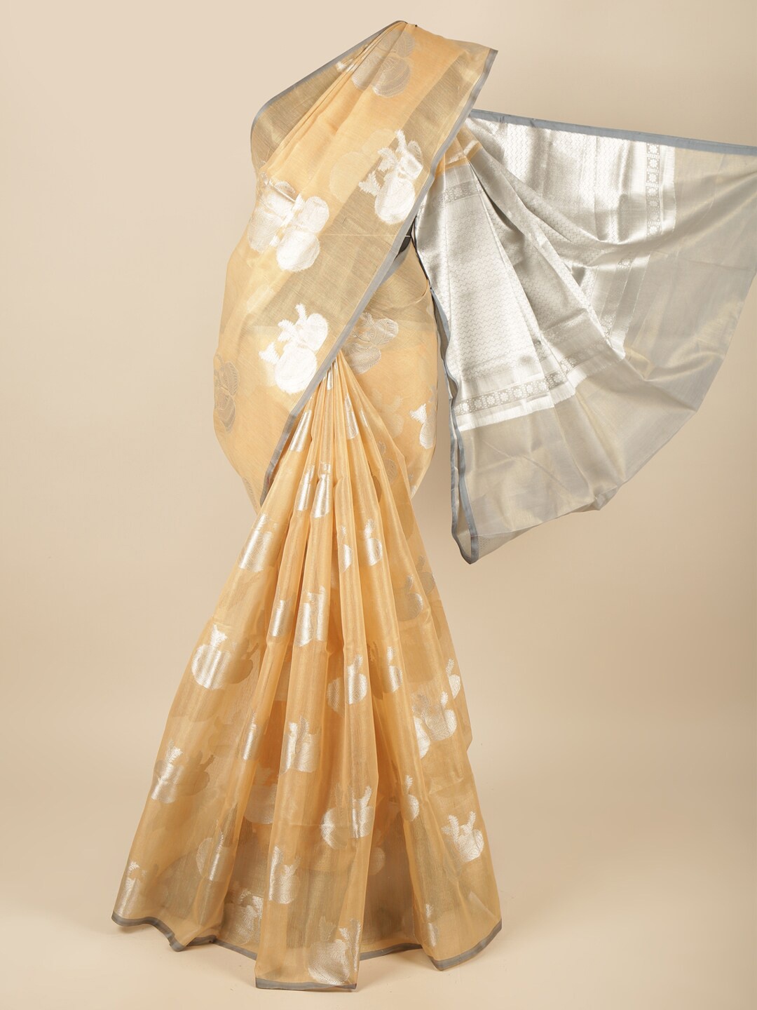 

Pothys Peach-Coloured & Grey Ethnic Motifs Zari Tissue Saree