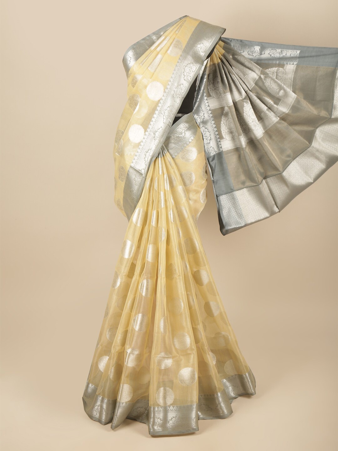 

Pothys Yellow & Grey Ethnic Motifs Tissue Saree