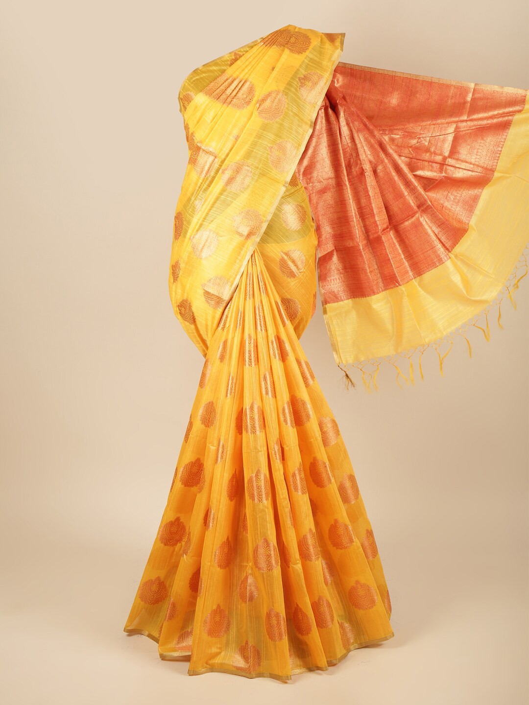 

Pothys Yellow & Red Ethnic Motifs Zari Pure Cotton Saree