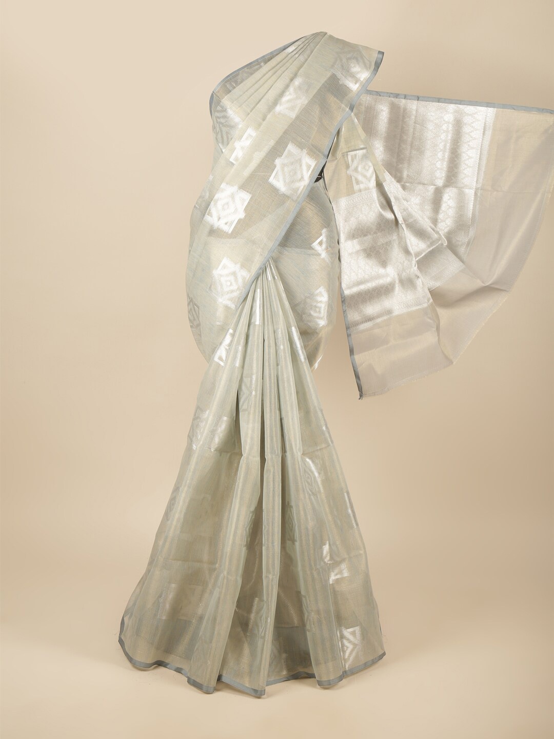 

Pothys Grey & Silver-Toned Ethnic Motifs Zari Tissue Saree