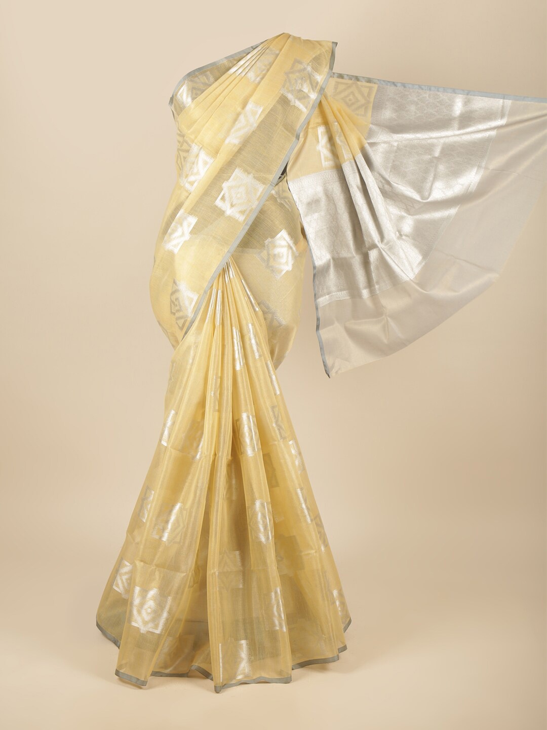 

Pothys Yellow & Grey Ethnic Motifs Tissue Saree