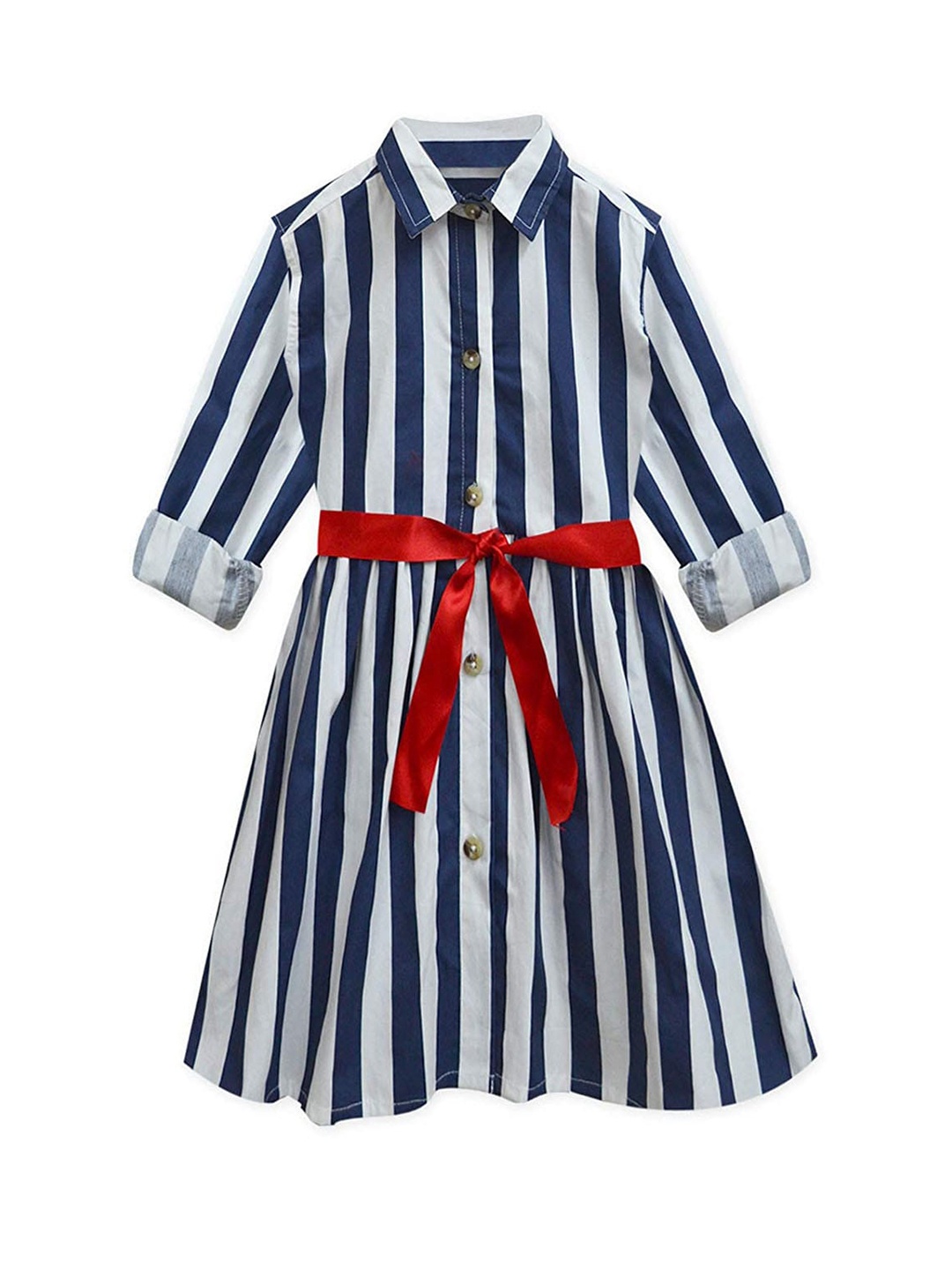 

A T U N Girls Navy Blue & White Striped Pure Cotton Shirt Dress