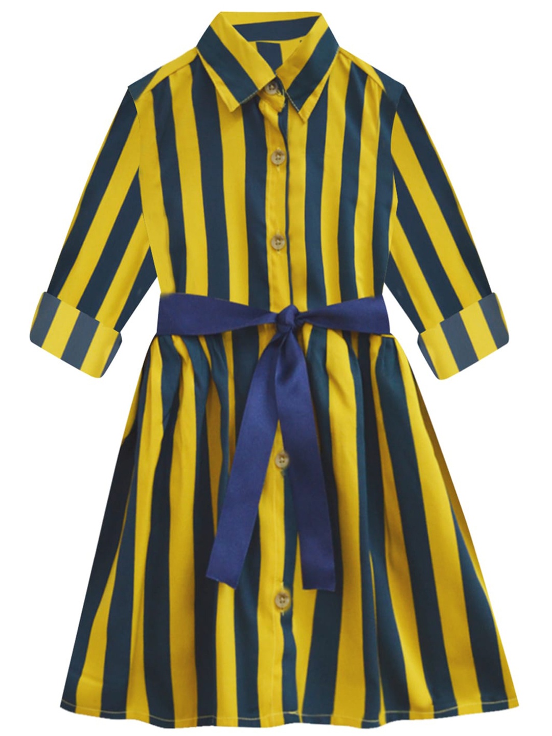 

A T U N Mustard Yellow & Navy Blue Striped Shirt Dress