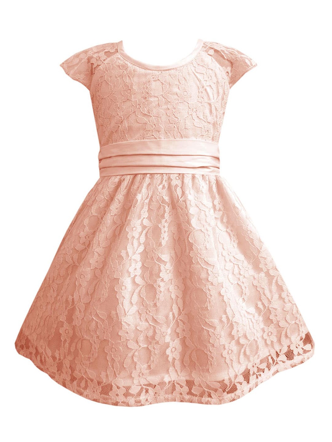 

A T U N Girls Peach-Coloured Self Design Lace Dress