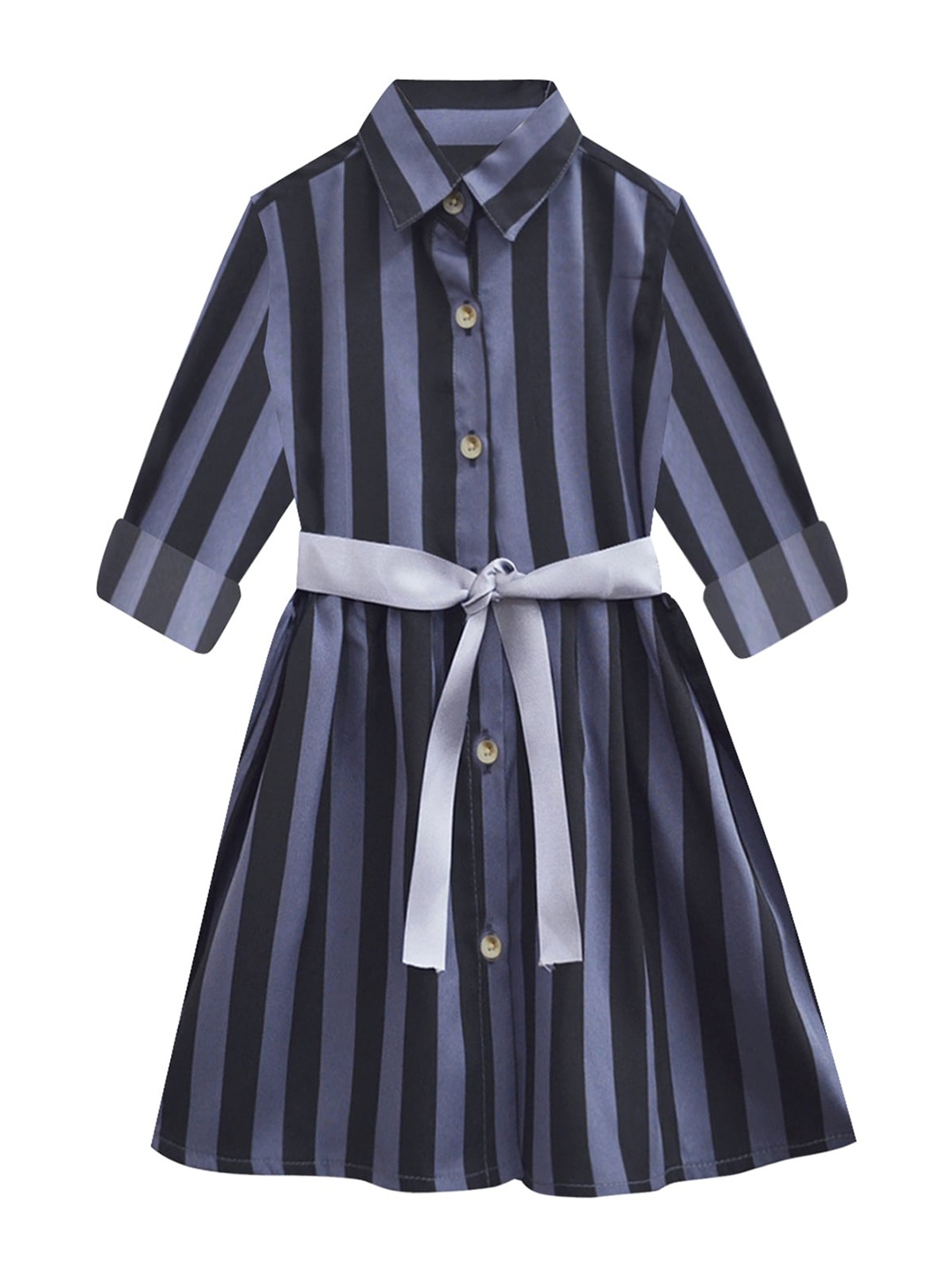 

A T U N Charcoal & Blue Striped Shirt Dress