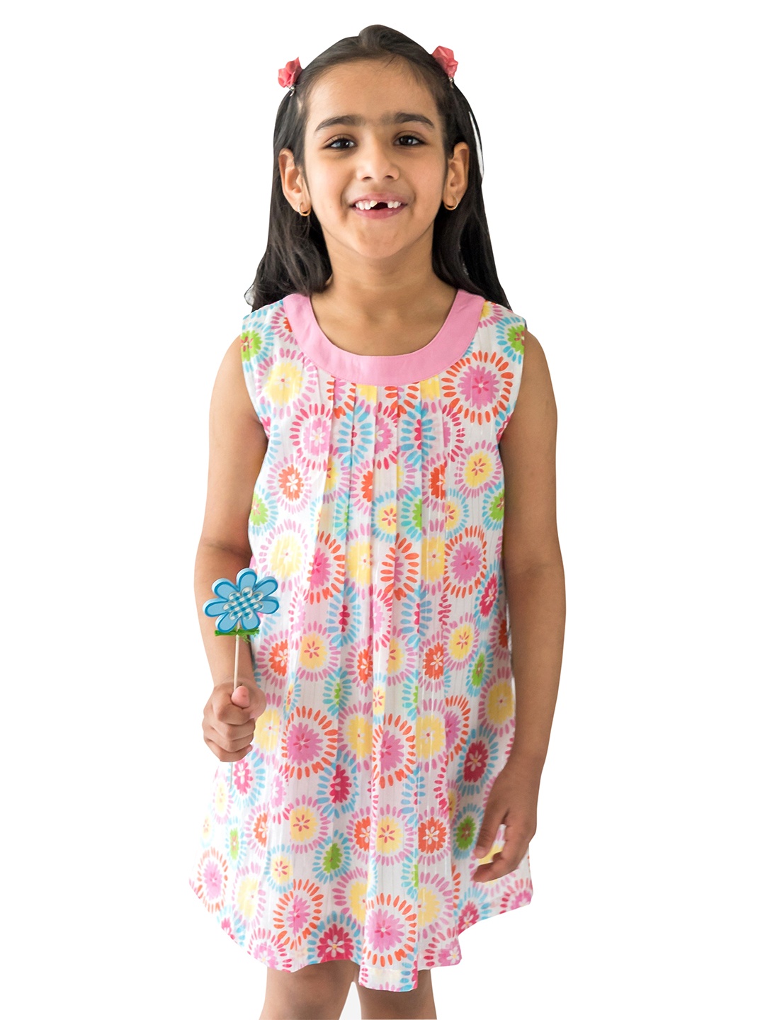 

Campana Girls White & Pink Floral Cotton A-Line Dress