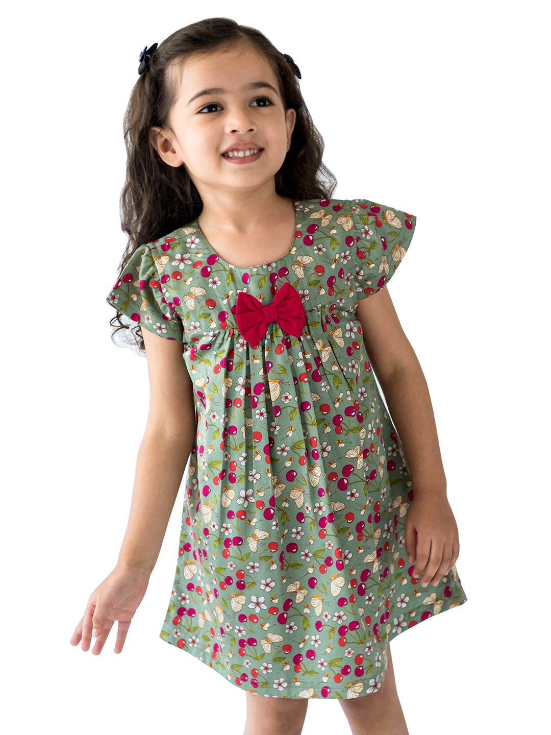 

Campana Olive Green & Red Floral Printed Cotton A-Line Dress