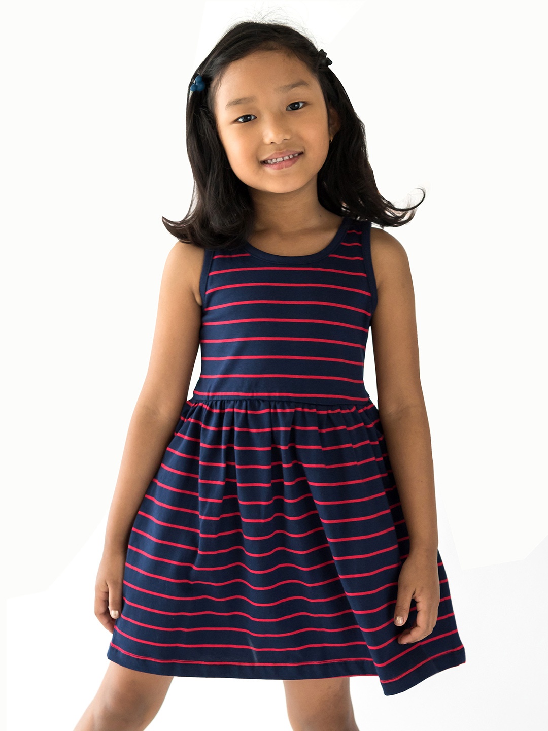 

Campana Girls Navy Blue & Pink Striped Cotton Fit & Flare Dress