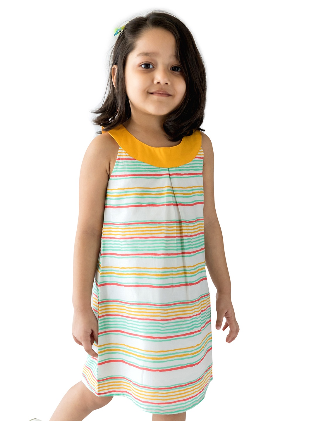 

Campana White & Yellow Striped Pure Cotton A-Line Dress