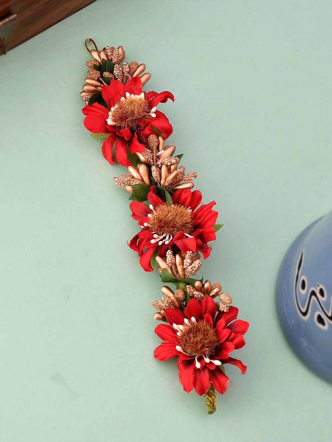 

Silvermerc Designs Women Red & Green Marigold Artificial Flower Hair Accessory