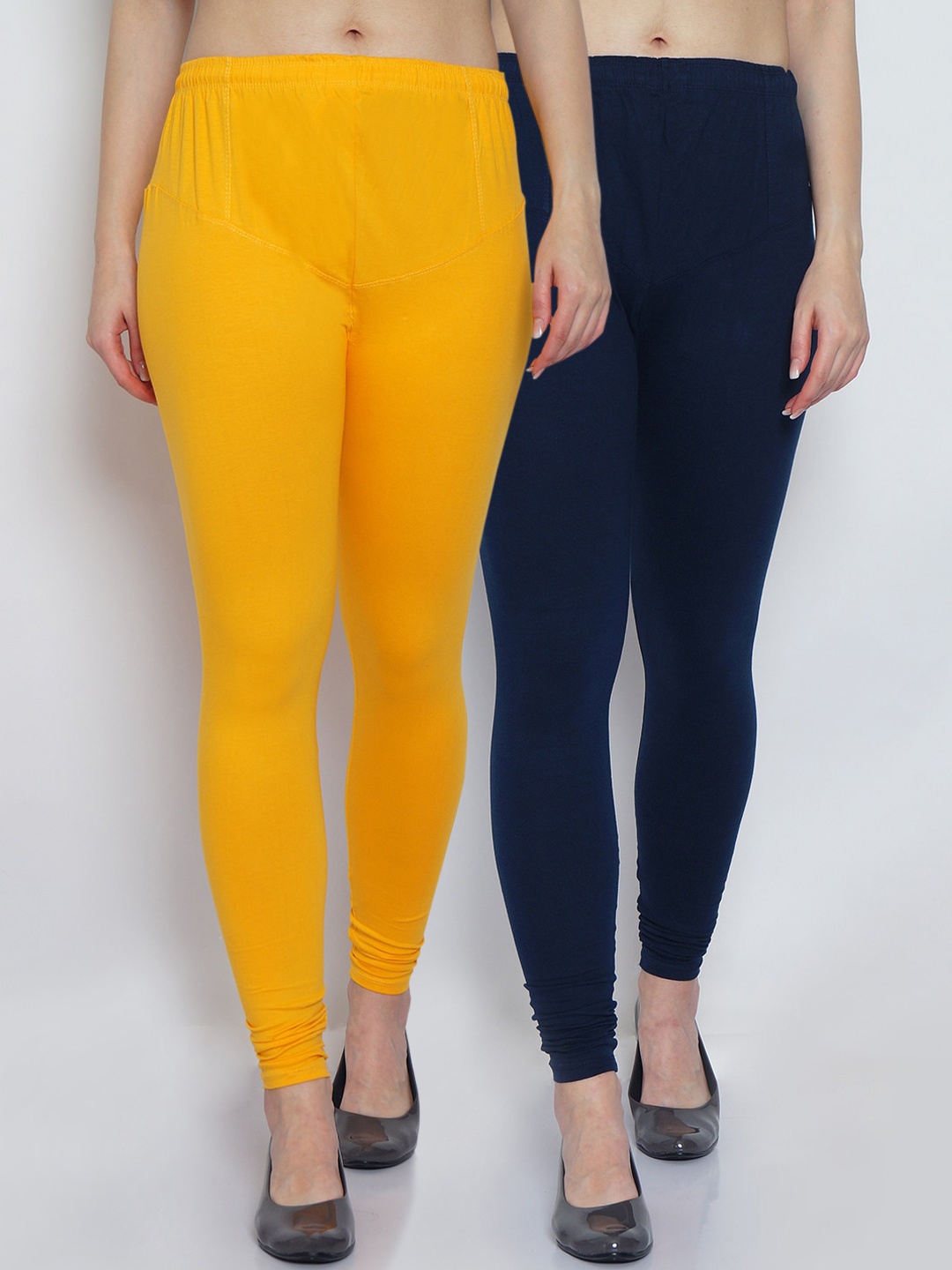 

GRACIT Women Pack Of 2 Yellow & Navy Blue Solid Cotton Churidar Length Leggings