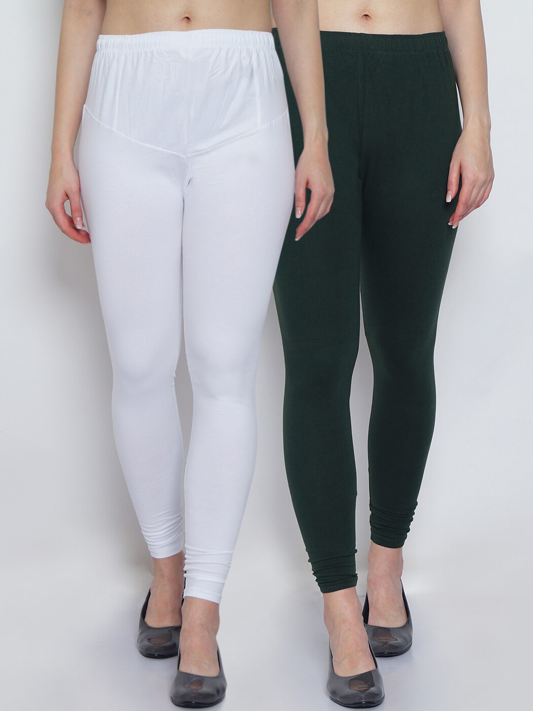 

GRACIT Woman Pack of 2 Solid White & Green Churidar Length Legging