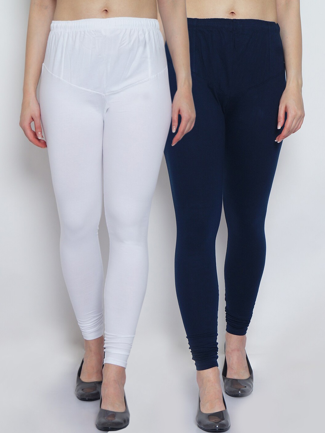 

GRACIT Women Pack of 2 White & Navy Blue Solid Churidar Length Legging