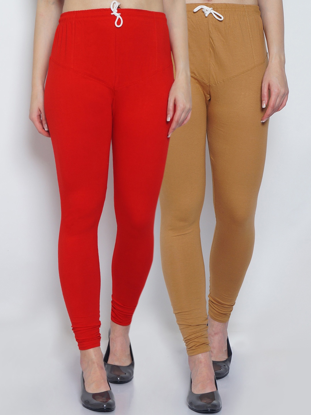 

GRACIT Woman Pack of 2 Solid Red & Beige Churidar Length Legging