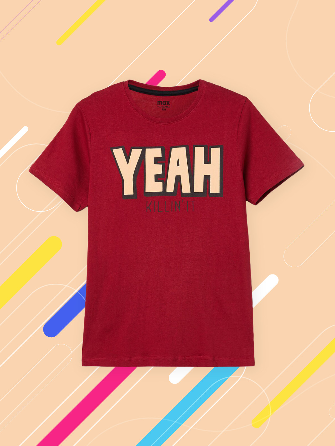 

max Boys Maroon & Peach-Coloured Typography Printed Pure Cotton T-shirt