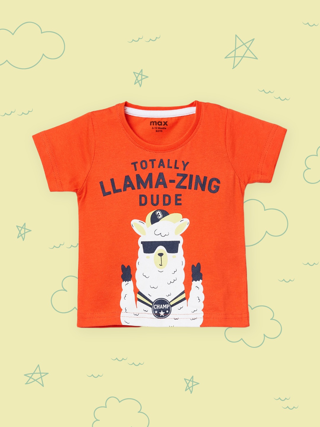 

max Boys Orange & White Printed Cotton T-shirt