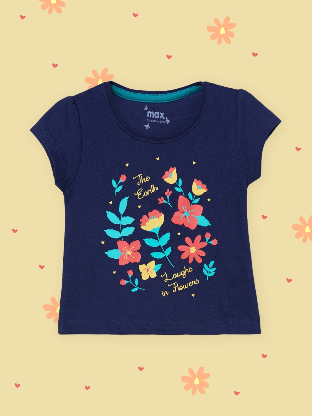

max Girls Blue & Peach-Coloured Floral Printed Pure Cotton T-shirt