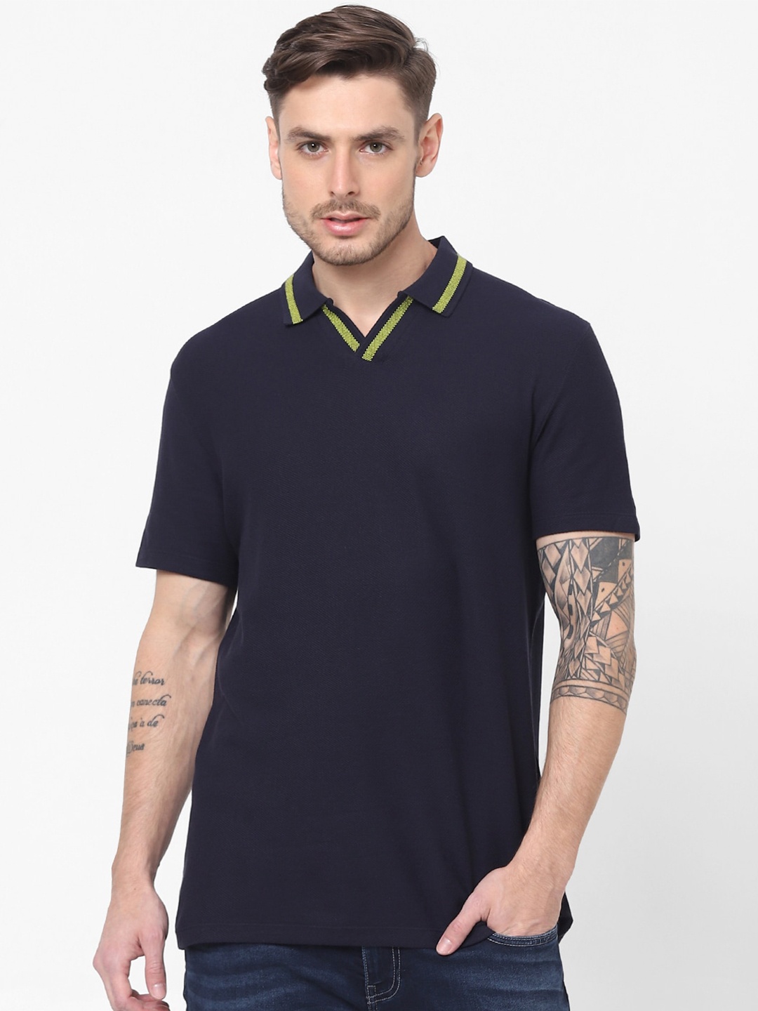 

Celio Men Navy Blue Polo Collar Cotton T-shirt