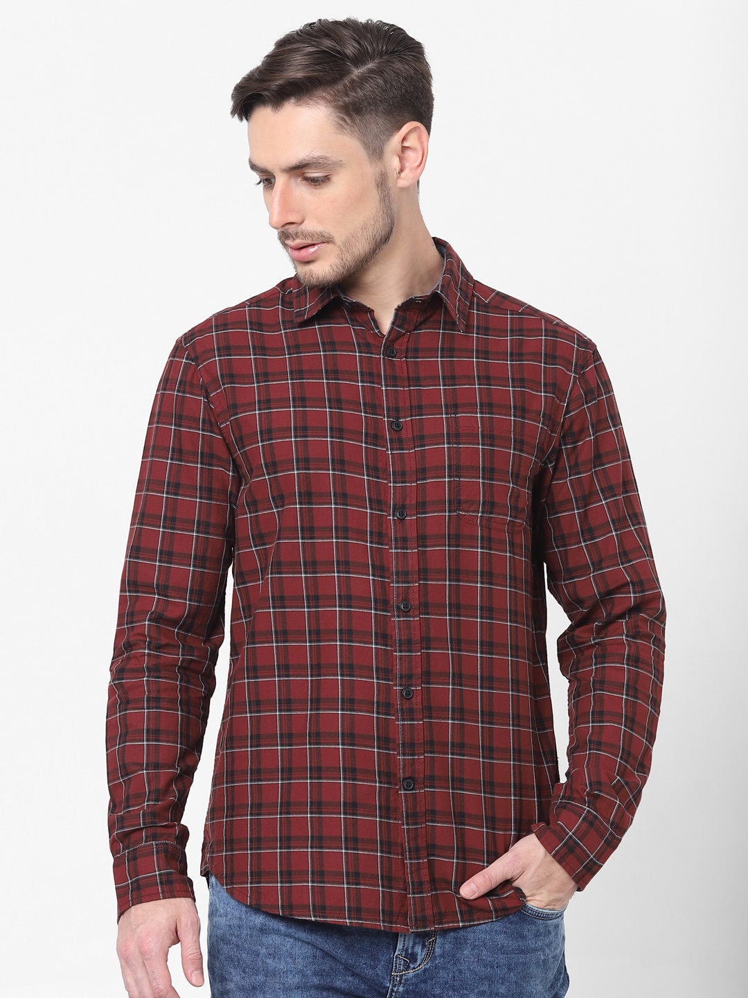

Celio Men Red & Black Regular Fit Checked Cotton Casual Shirt