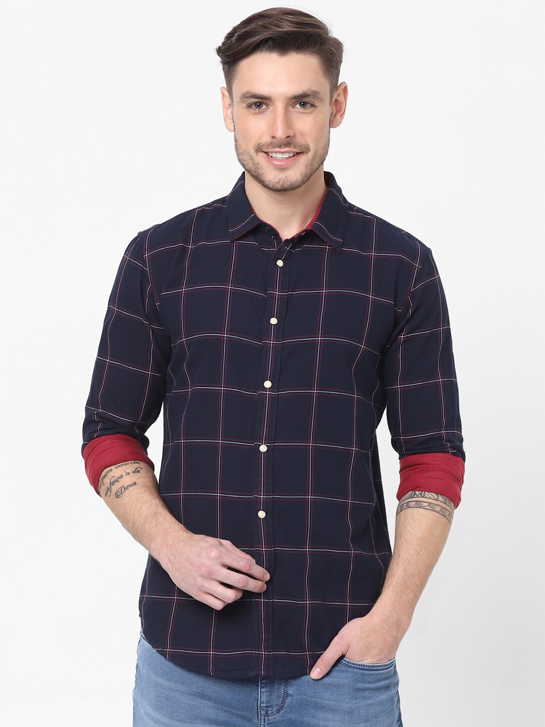 

Celio Men Navy Blue Windowpane Checked Regular Fit Casual Shirt