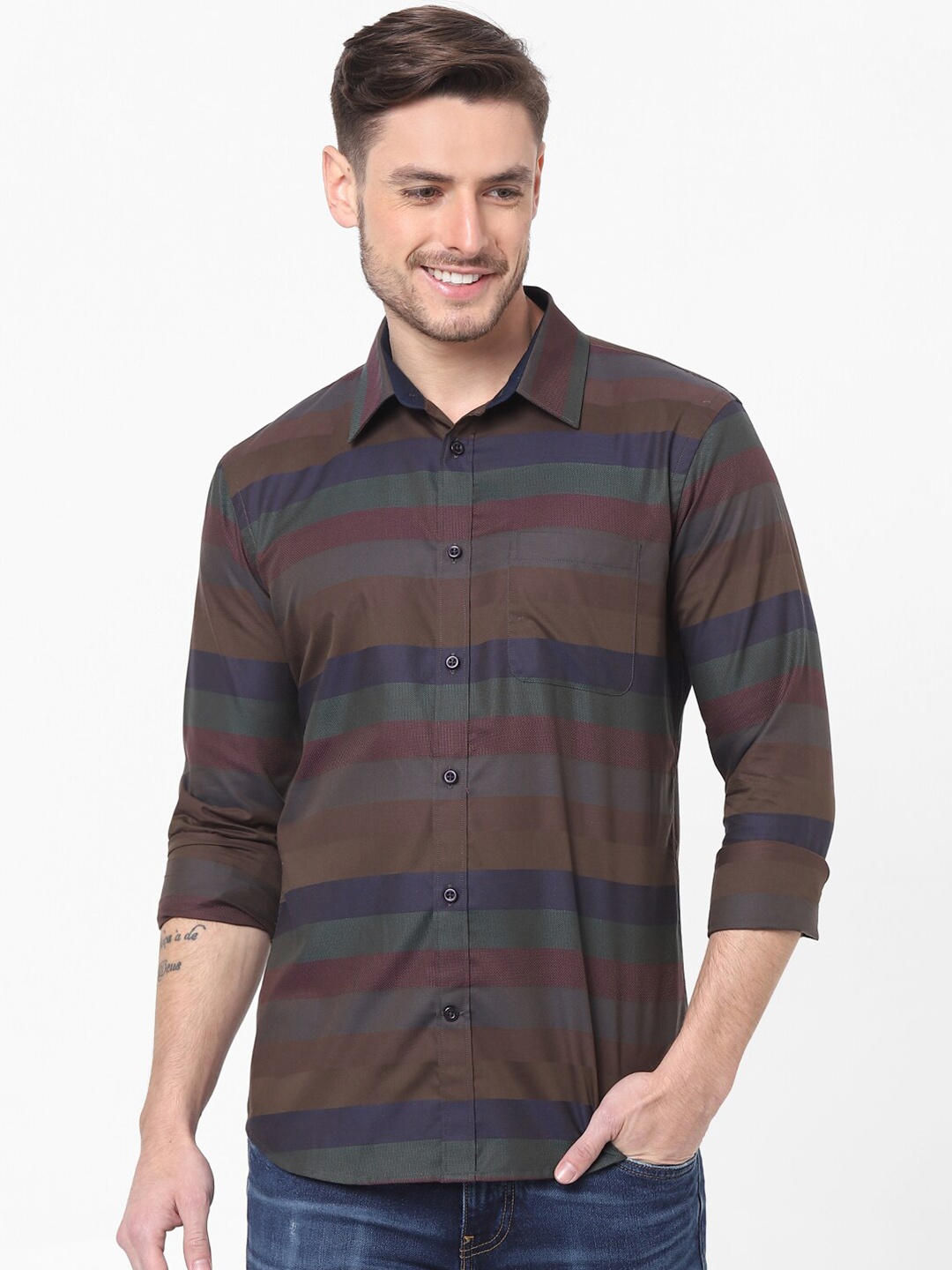 

Celio Men Brown & Green Regular Fit Horizontal Stripes Striped Cotton Casual Shirt