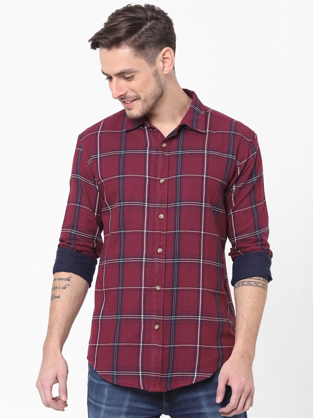 

Celio Men Burgundy Tartan Checked Regular Fit Casual Shirt