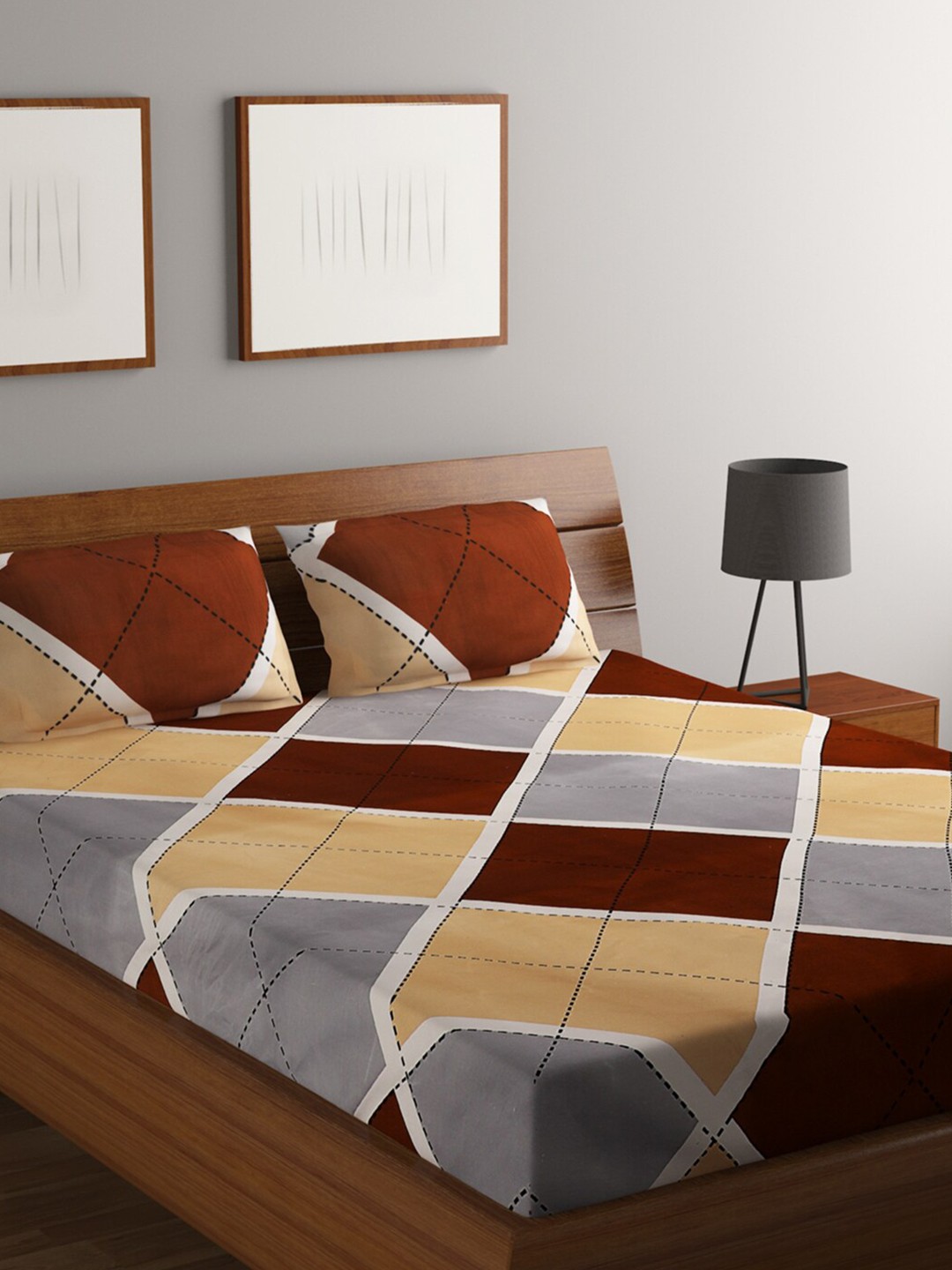

RUGSMITH Brown & Grey Geometric 200 TC Queen Bedsheet with 2 Pillow Covers