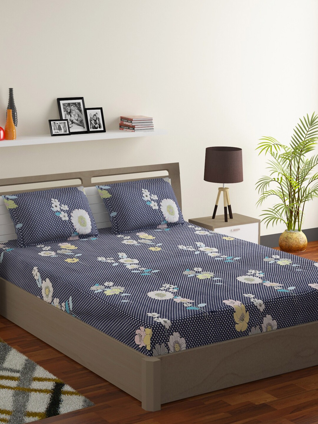 

RUGSMITH Navy Blue & White Floral 200 TC Queen Bedsheet with 2 Pillow Covers