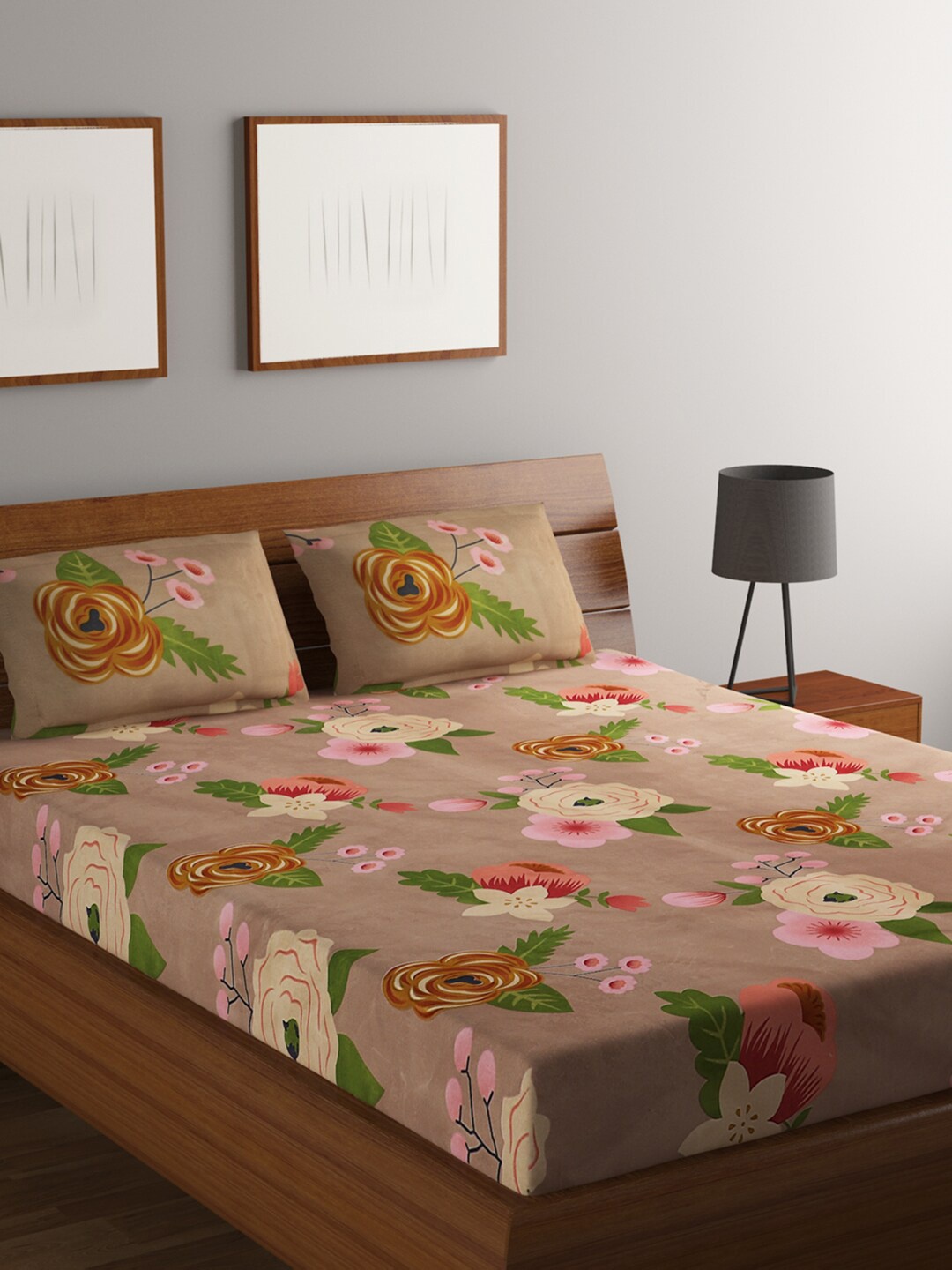 

RUGSMITH Beige & Green Floral 200 TC Queen Bedsheet with 2 Pillow Covers