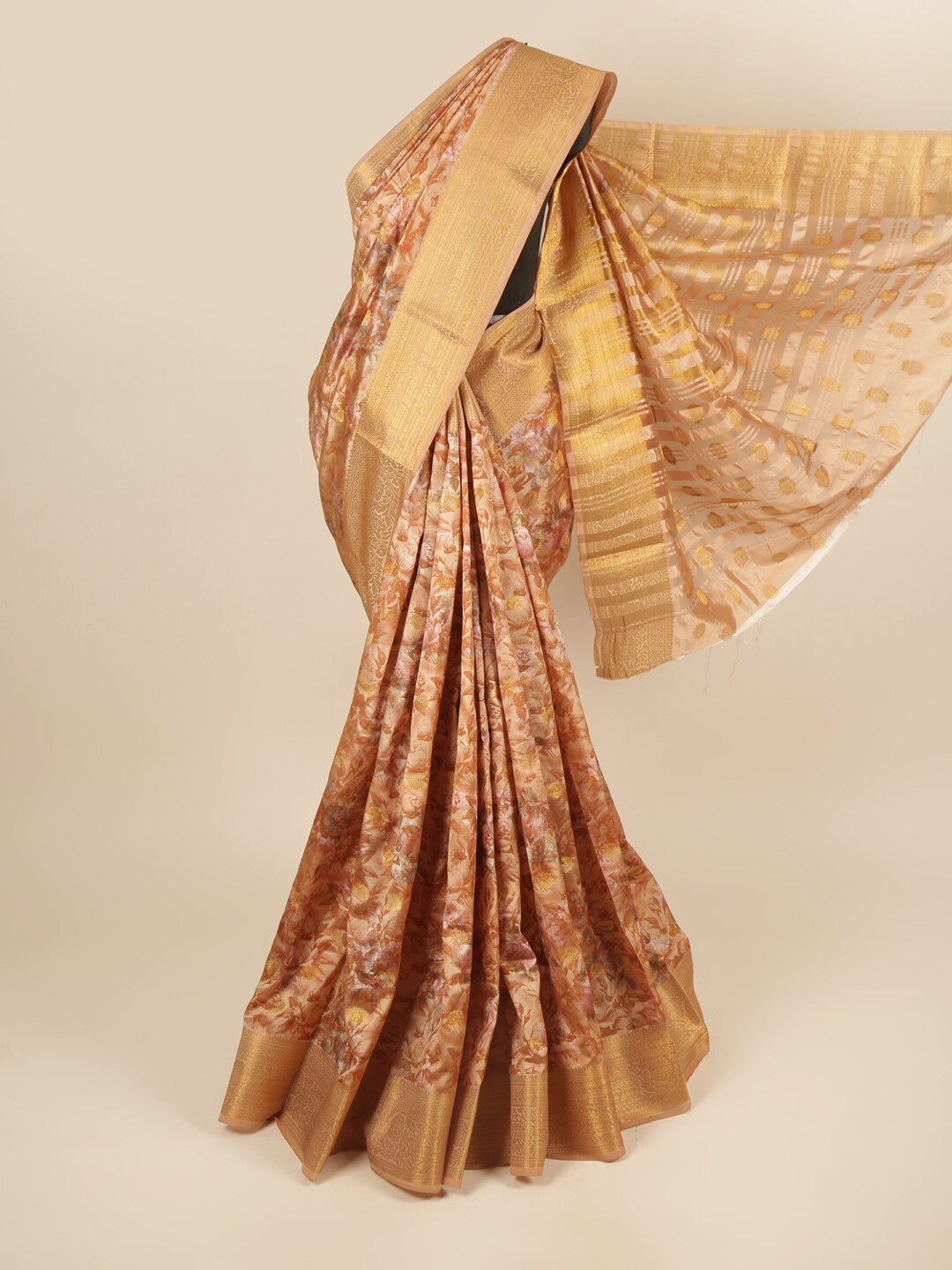 

Pothys Copper-Toned & White Floral Printed Zari Art Silk Saree
