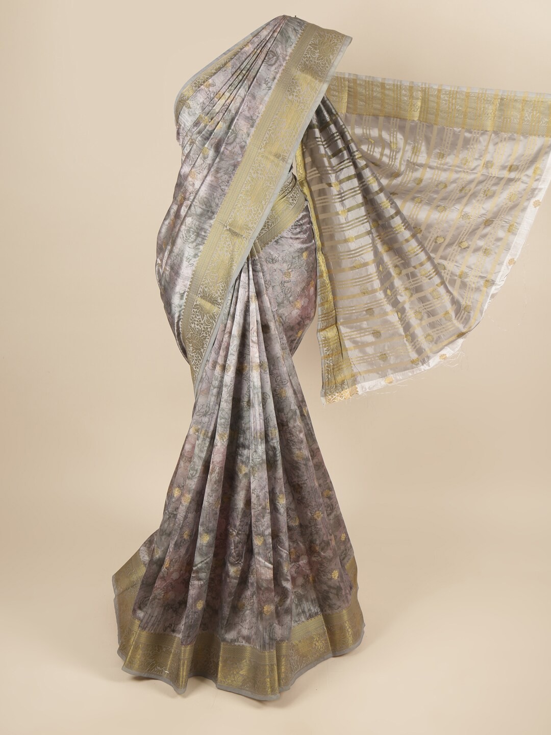 

Pothys Grey & Gold-Toned Floral Art Silk Saree